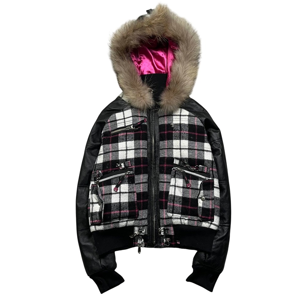 Y2K Plaid Hoodie Jacket Faux Fur Punk Grunge Goth Emo Pink Bomber Akademiks